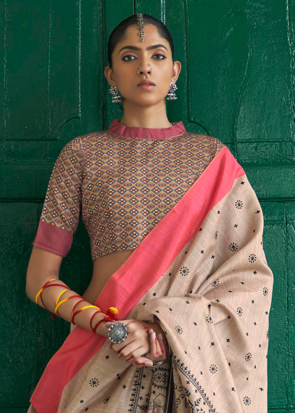 MySilkLove Vanilla Cream and Pink Printed Designer Banarasi Saree