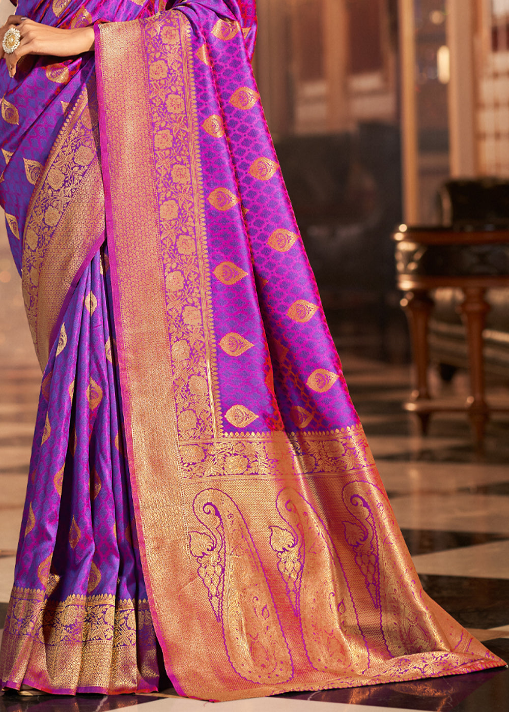 Buy MySilkLove Purple Plum Woven Banarasi Soft Silk Saree Online