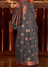 Pine Cone Grey Bronze Zari Woven Linen Silk Saree
