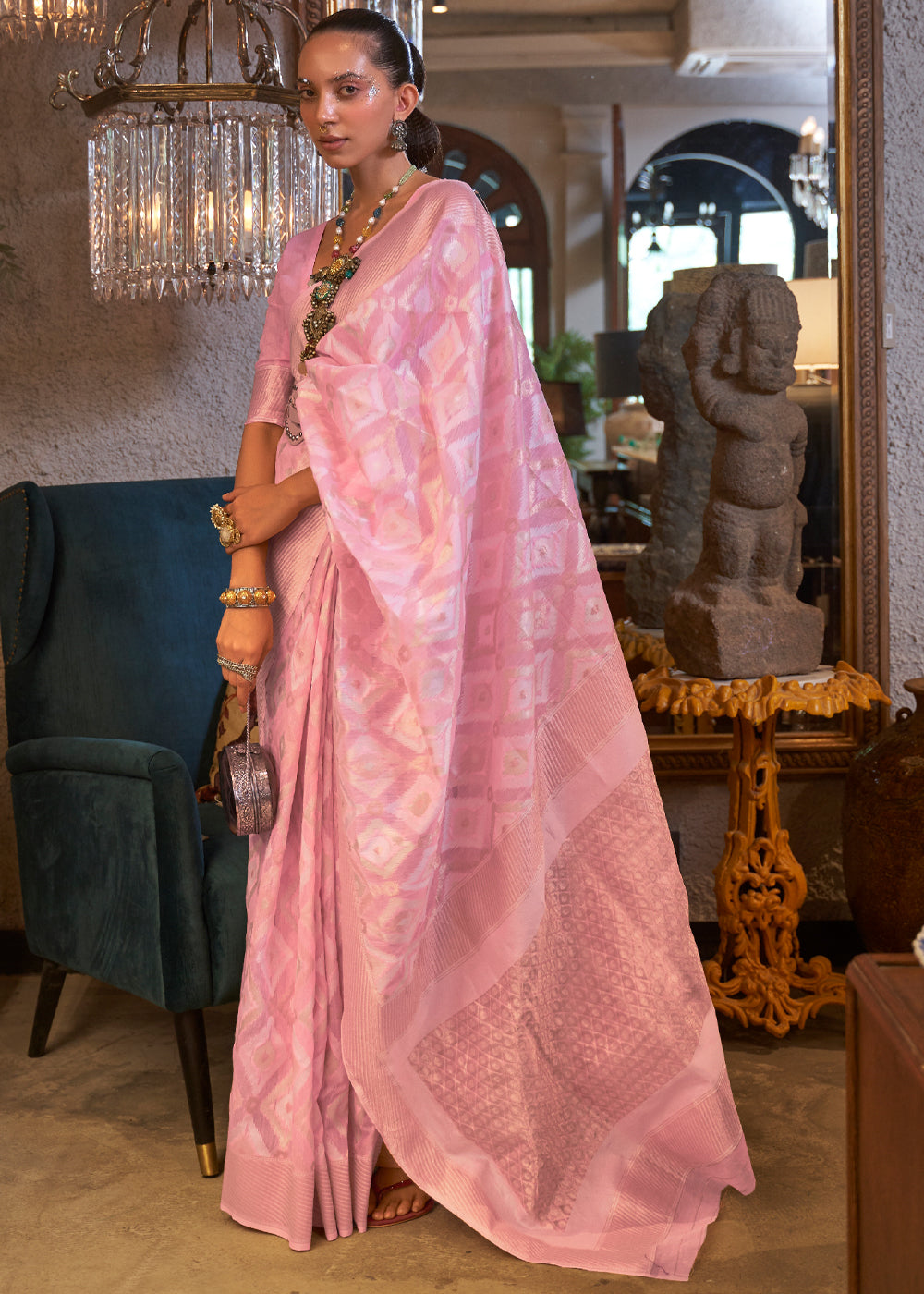 Buy MySilkLove Azalea Pink Woven Banarasi Linen Silk Saree Online