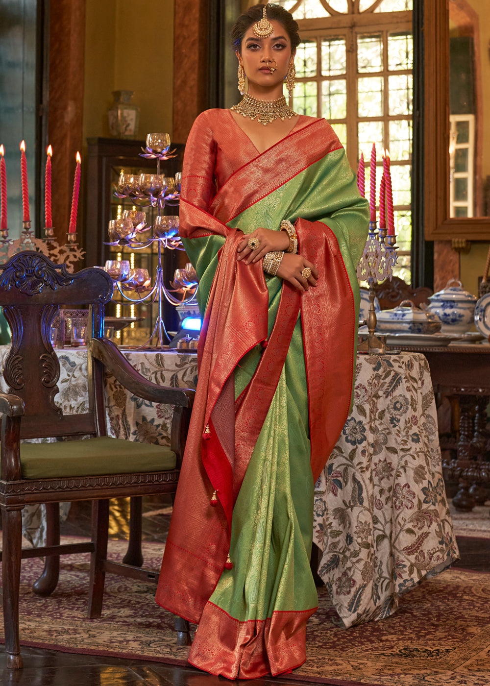 Buy MySilkLove Asparagus Green and Red Woven Kanjivaram Saree Online