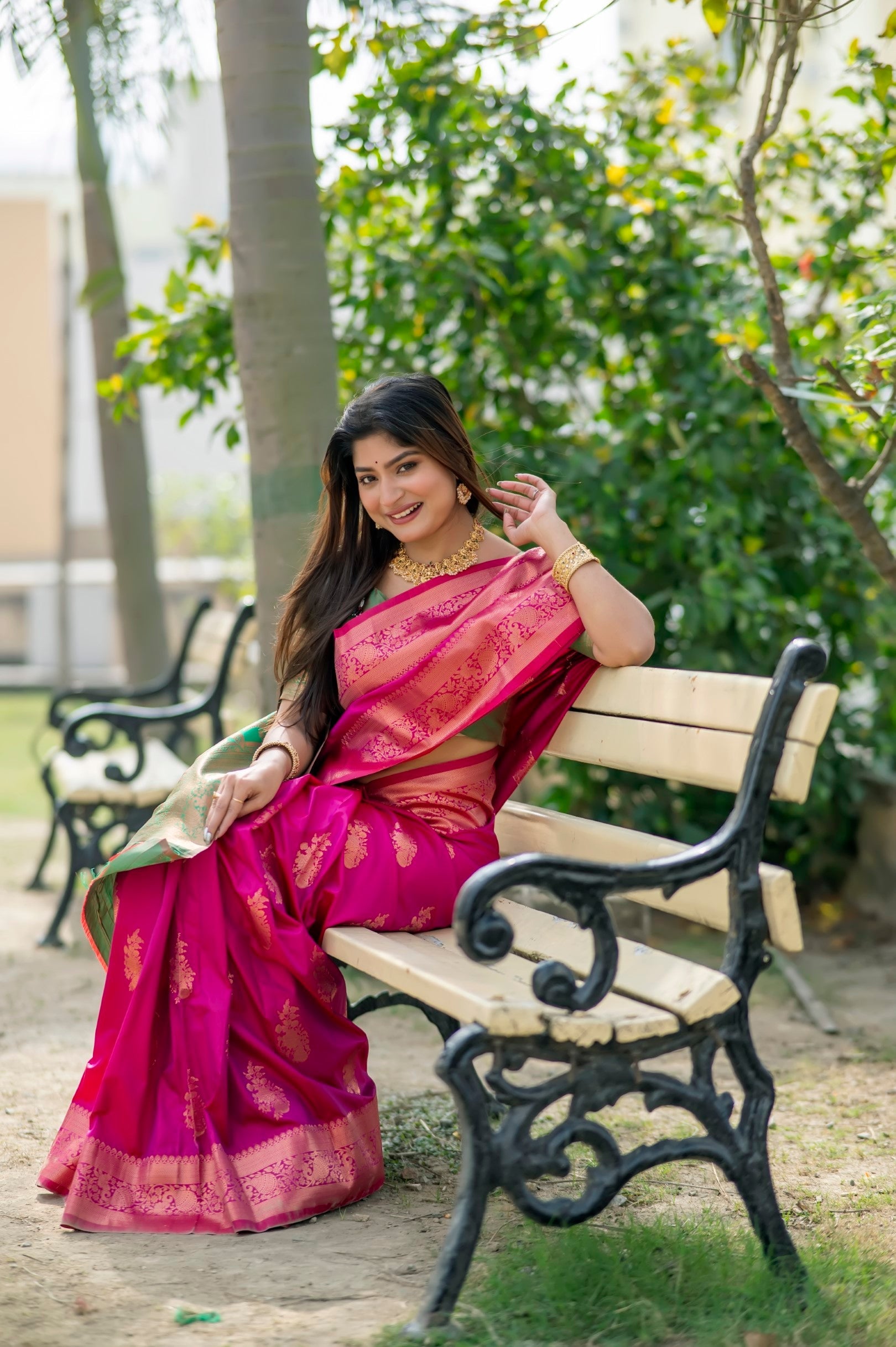 Buy MySilkLove Midnight Pink and Green Woven Banarasi Saree Online