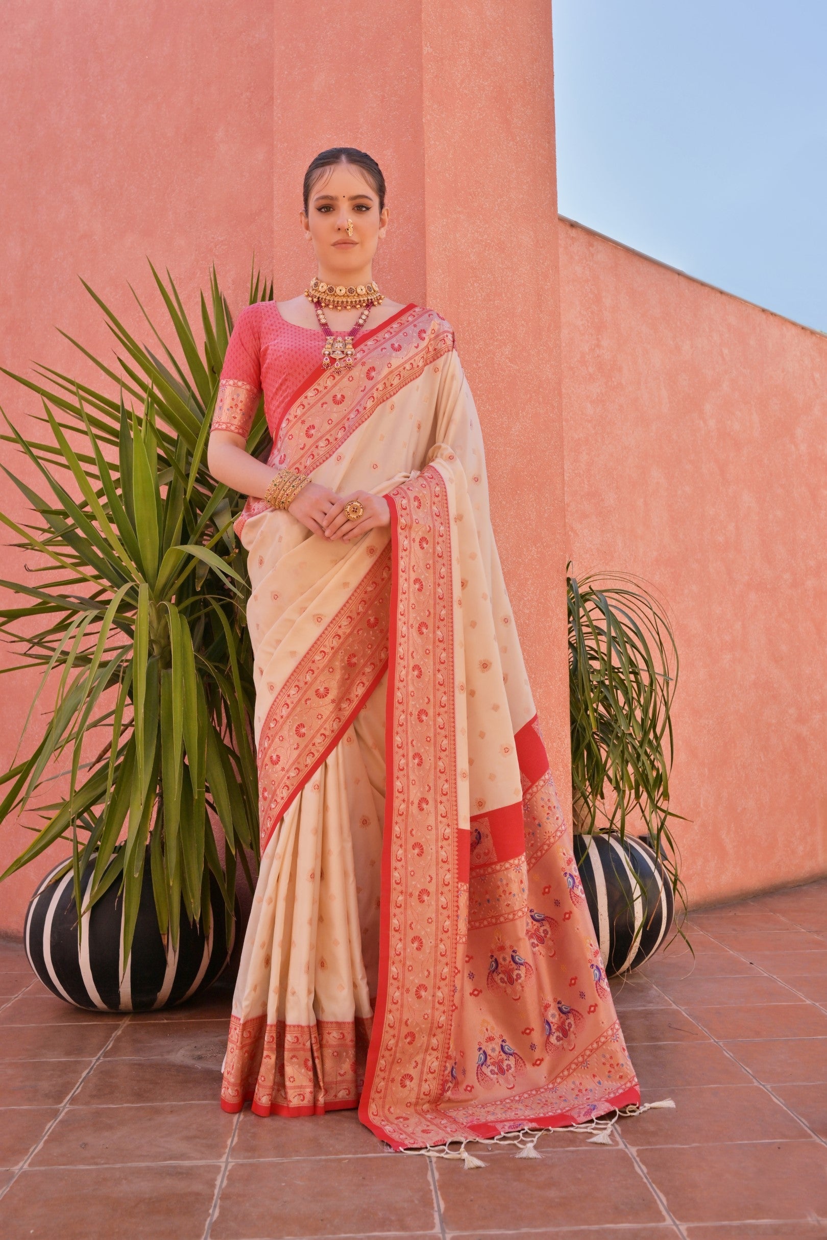 Buy MySilkLove Tuft Bush Cream and Red Zari Woven Paithani Saree Online