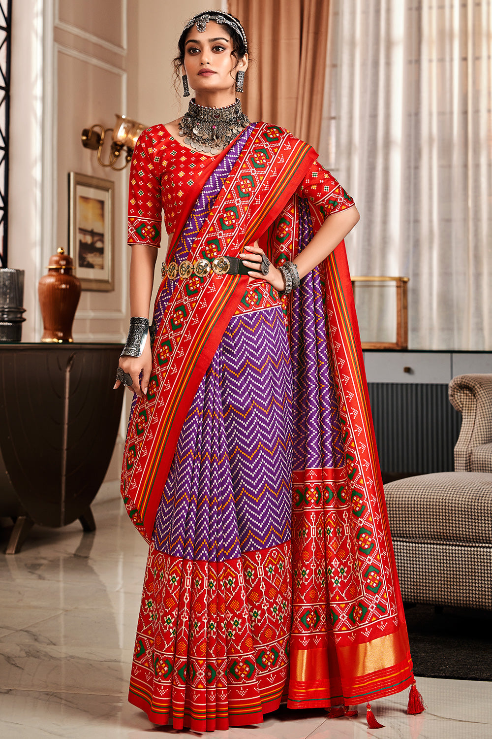 Buy MySilkLove Majesty Purple and Red Printed Patola Saree Online