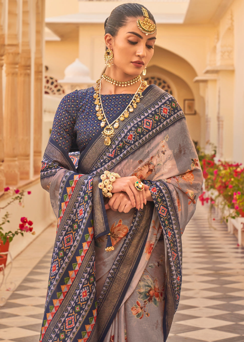 Buy MySilkLove Beaver Grey Printed Chiffon Patola Silk Saree Online