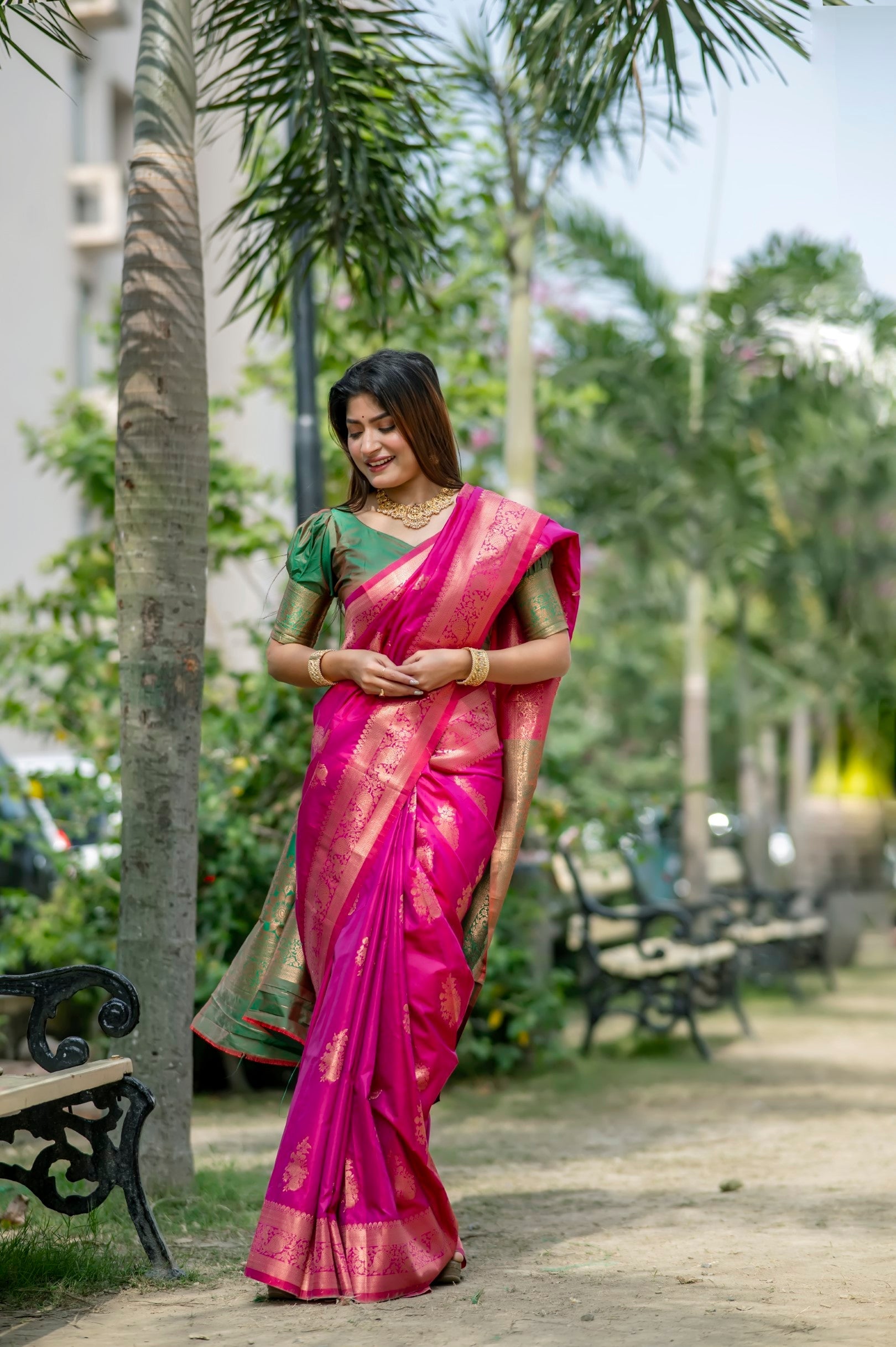 Buy MySilkLove Midnight Pink and Green Woven Banarasi Saree Online