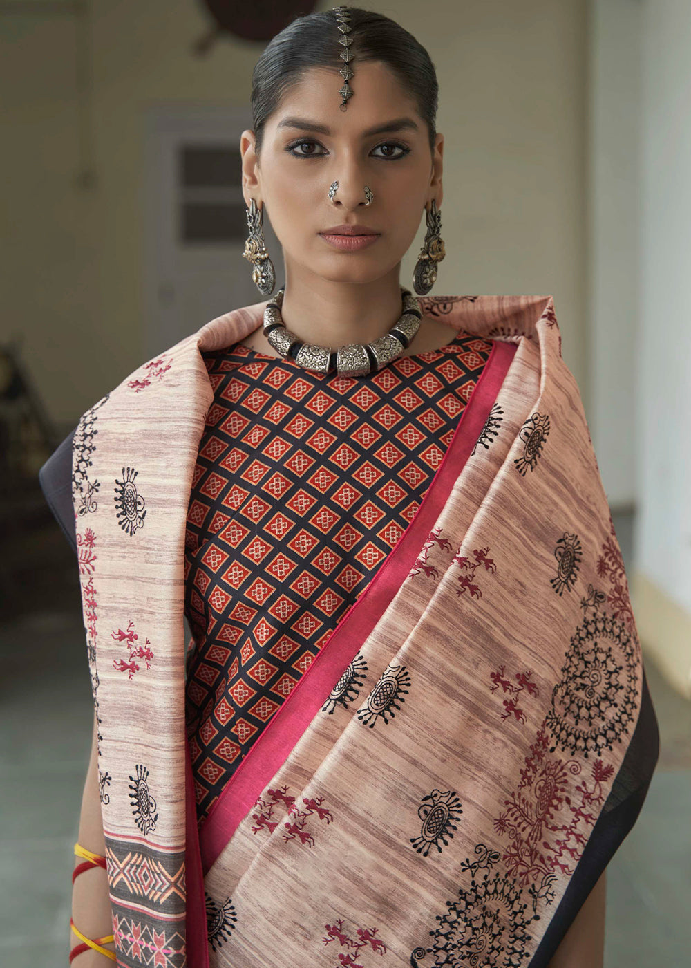 MySilkLove Sandrift Brown and Pink Printed Designer Banarasi Saree