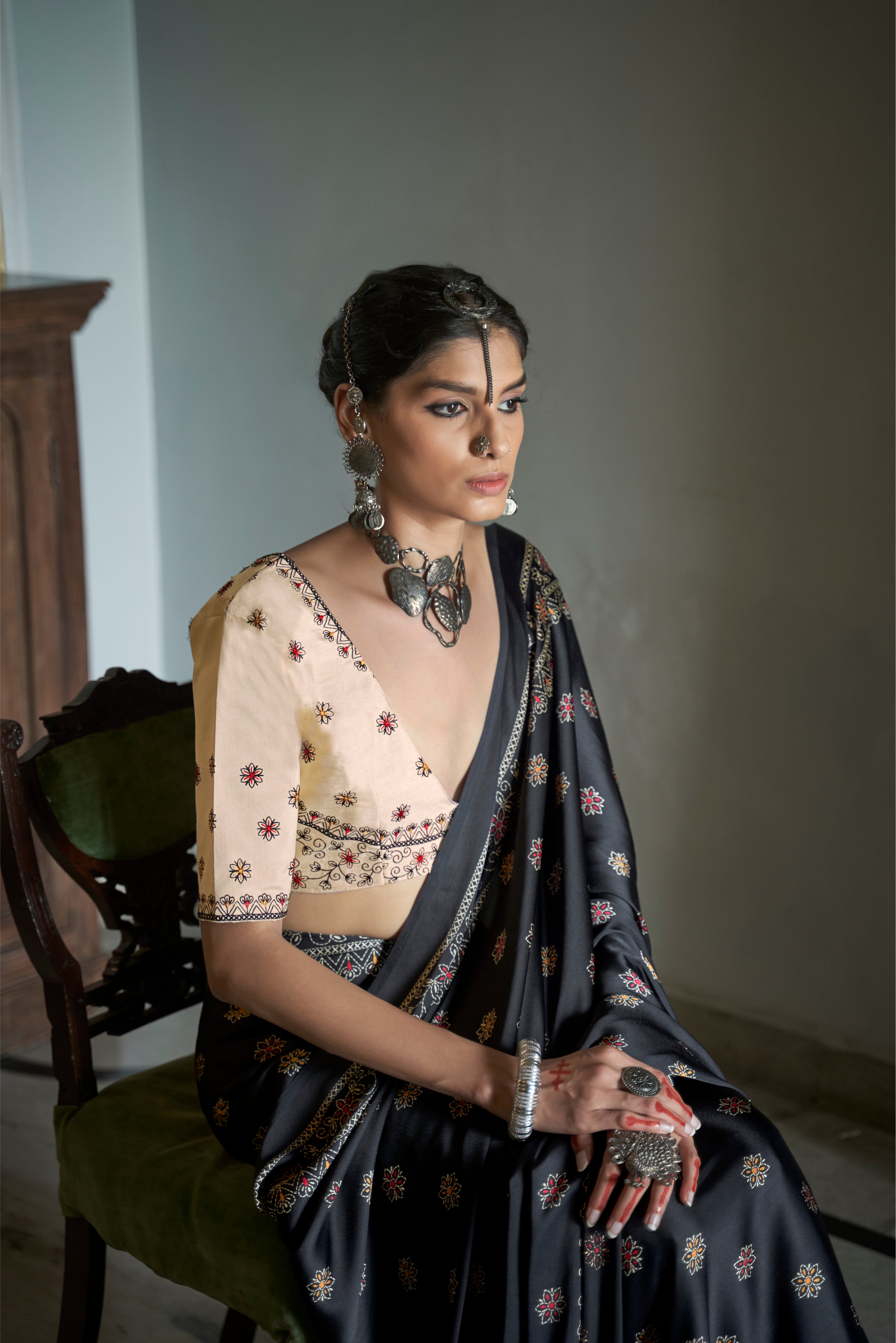 MySilkLove Charade Black Gajji Silk Saree with embroidery blouse