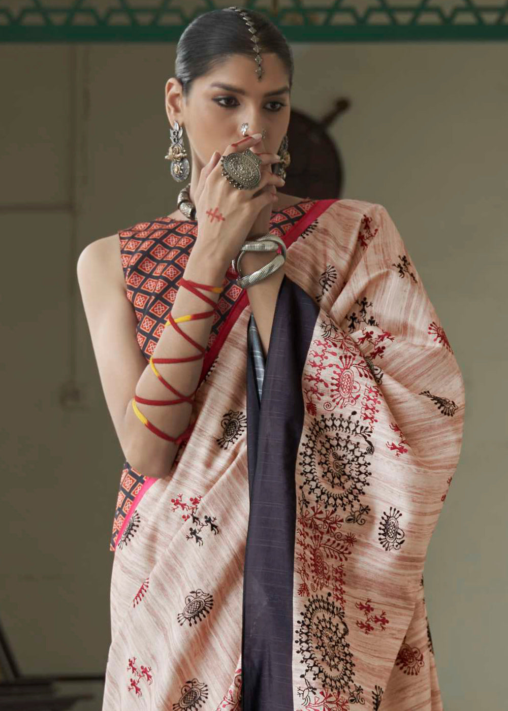 Buy MySilkLove Sandrift Brown and Pink Printed Designer Banarasi Saree Online