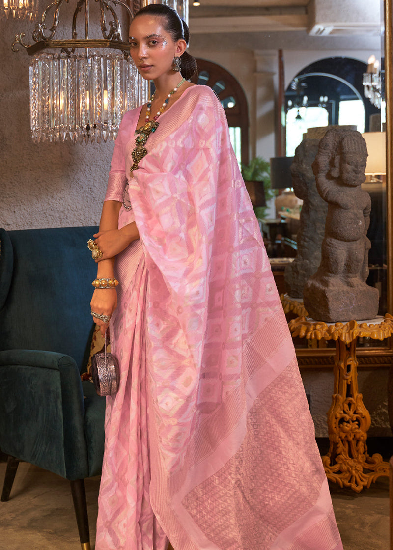 Azalea Pink Woven Banarasi Linen Silk Saree