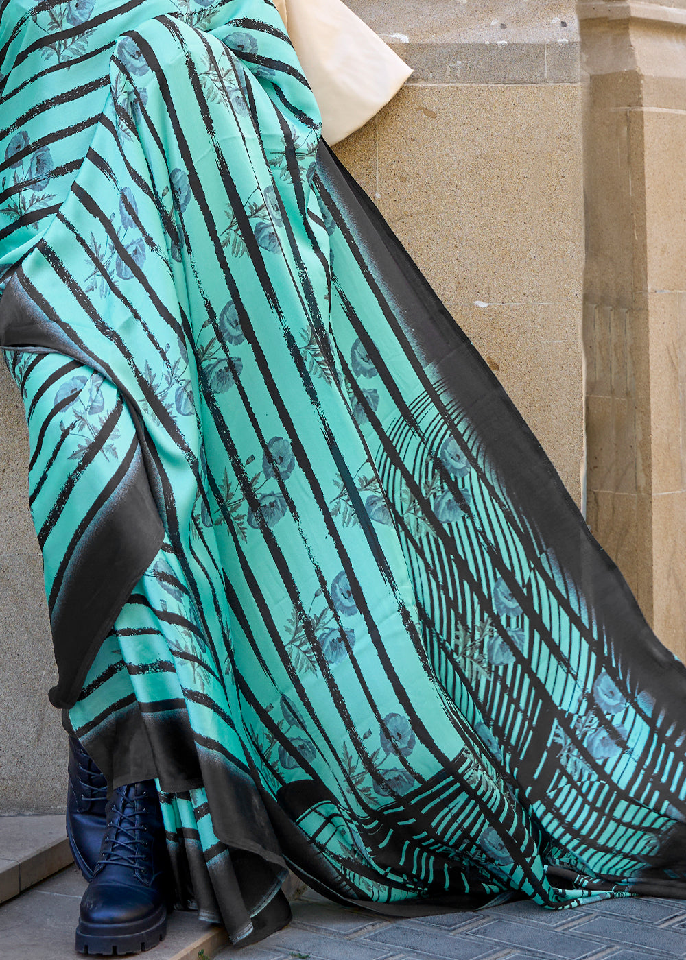 Buy MySilkLove Water Leaf Blue Printed Satin Crepe Sarees Online