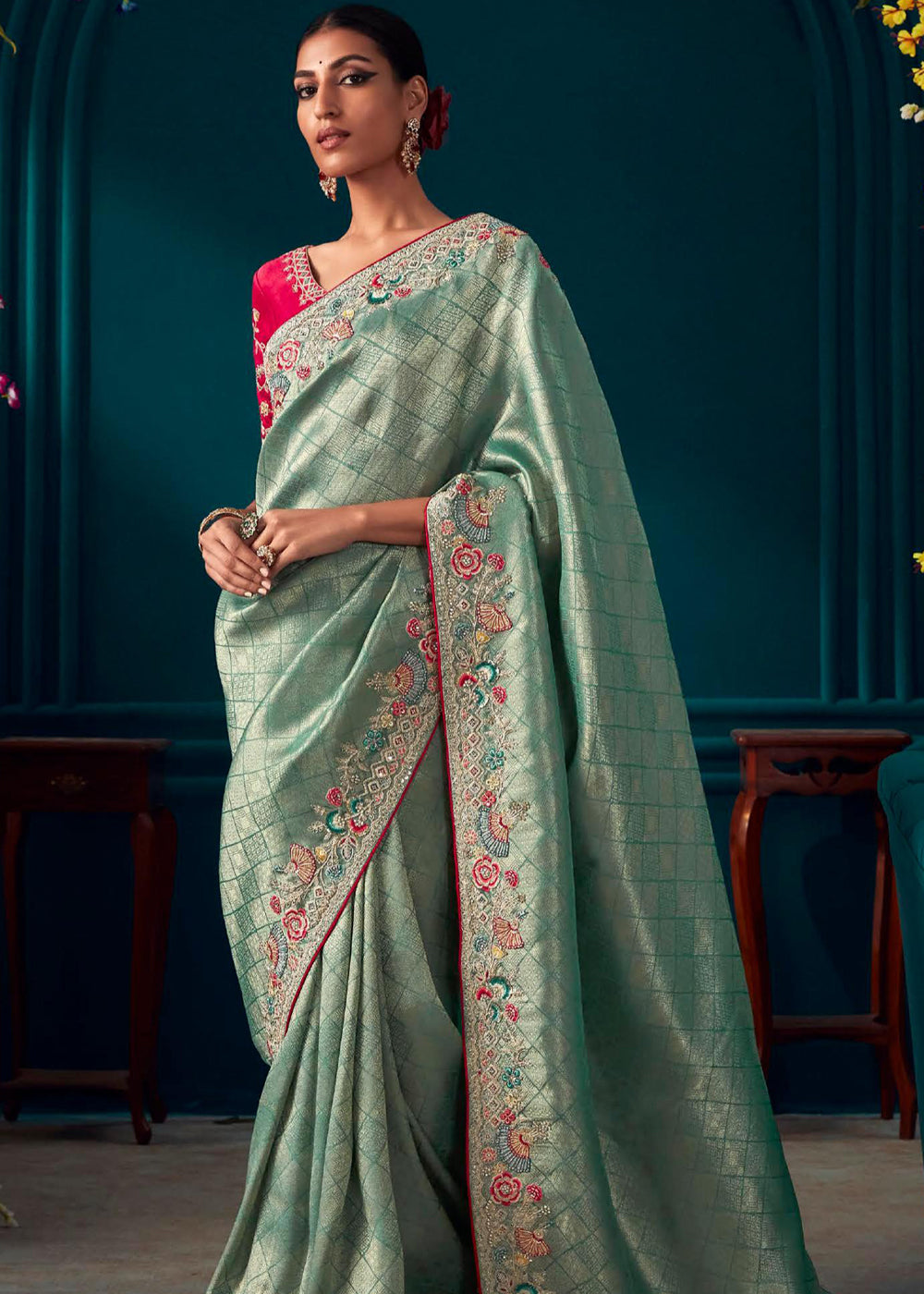 Buy MySilkLove Gum Leaf Blue Woven Embroidered Banarasi Silk Saree Online