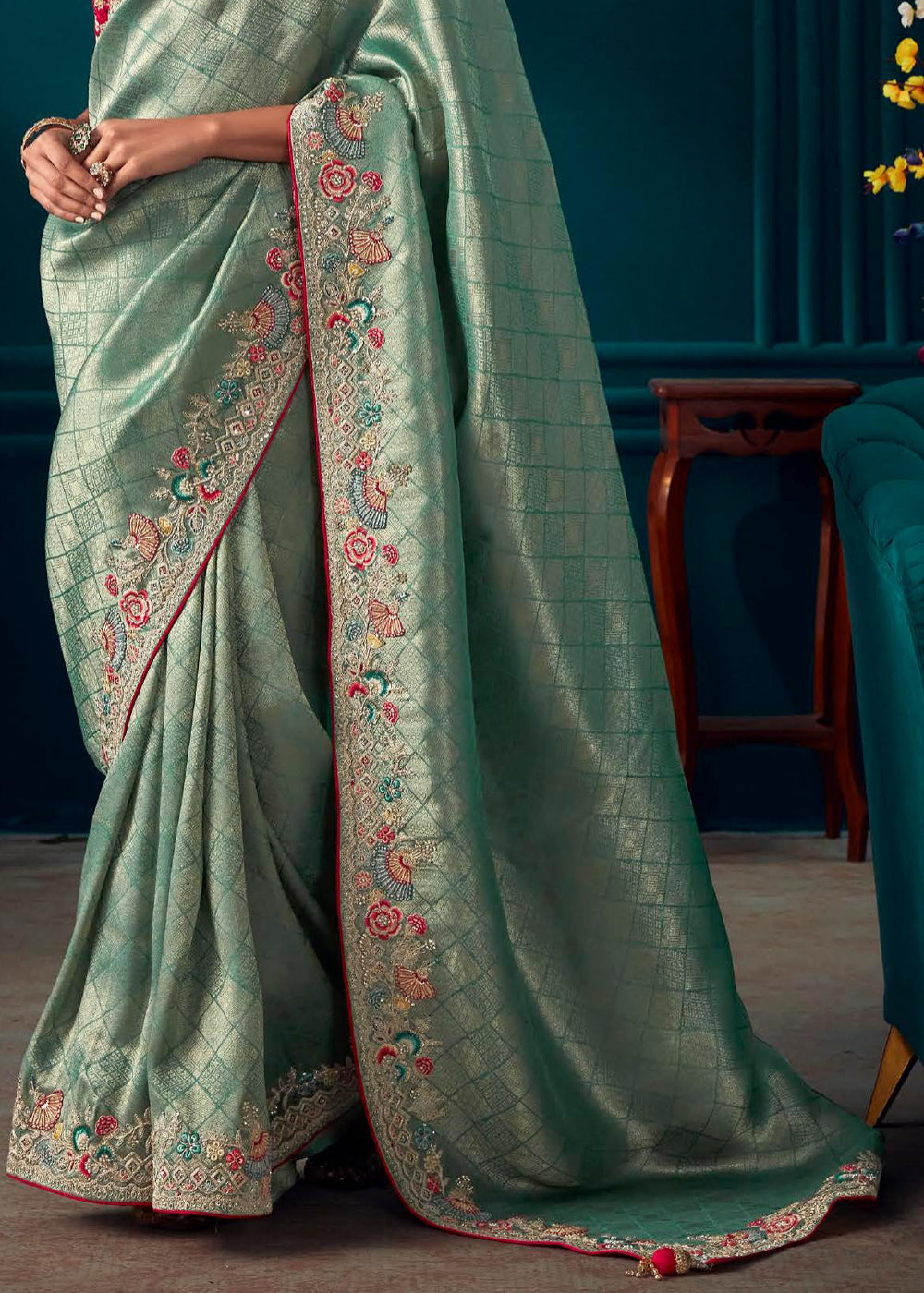 Buy MySilkLove Gum Leaf Blue Woven Embroidered Banarasi Silk Saree Online