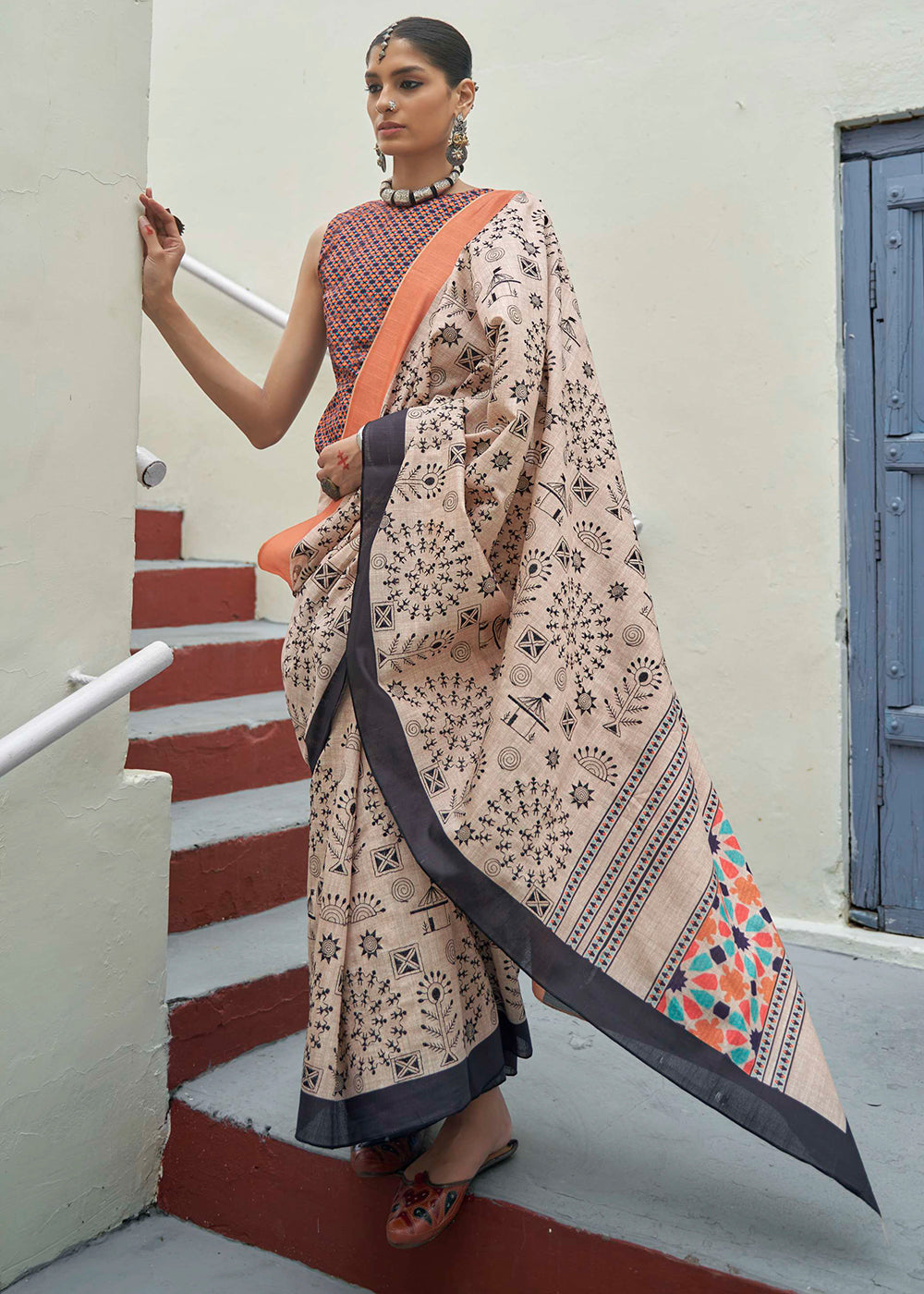 Buy MySilkLove Sisal Cream and Orange Printed Designer Banarasi Saree Online