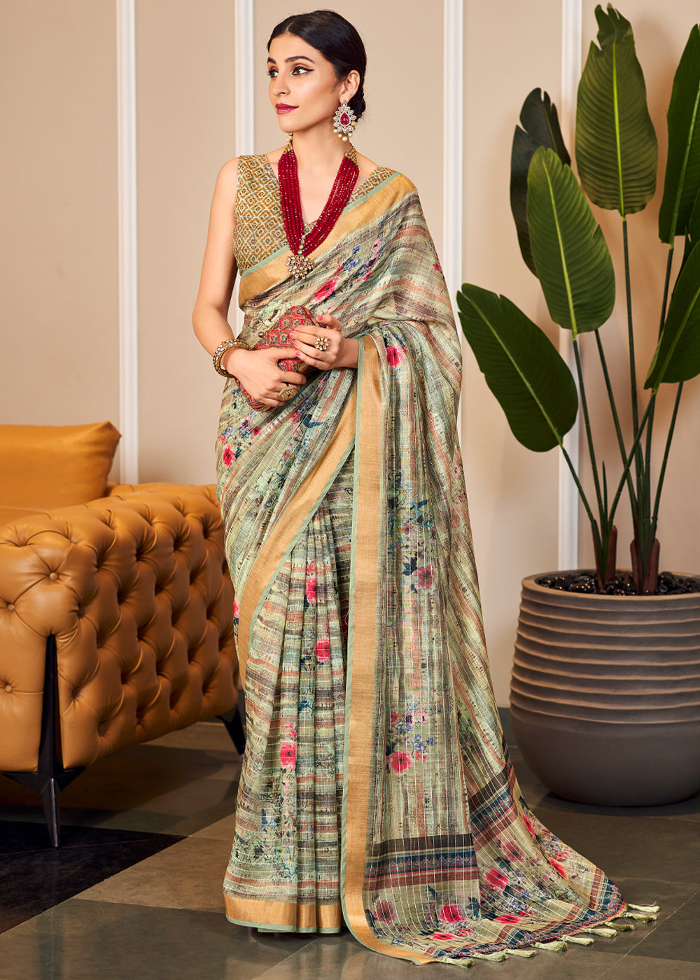 Buy MySilkLove Tallow Green Linen Saree with Digital Print Online