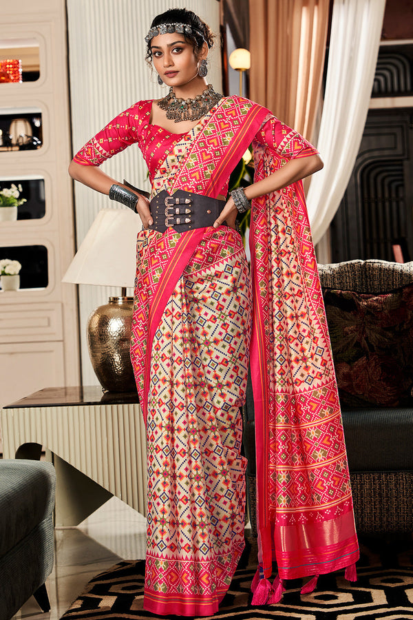 Grain Beige and Pink Printed Patola Saree