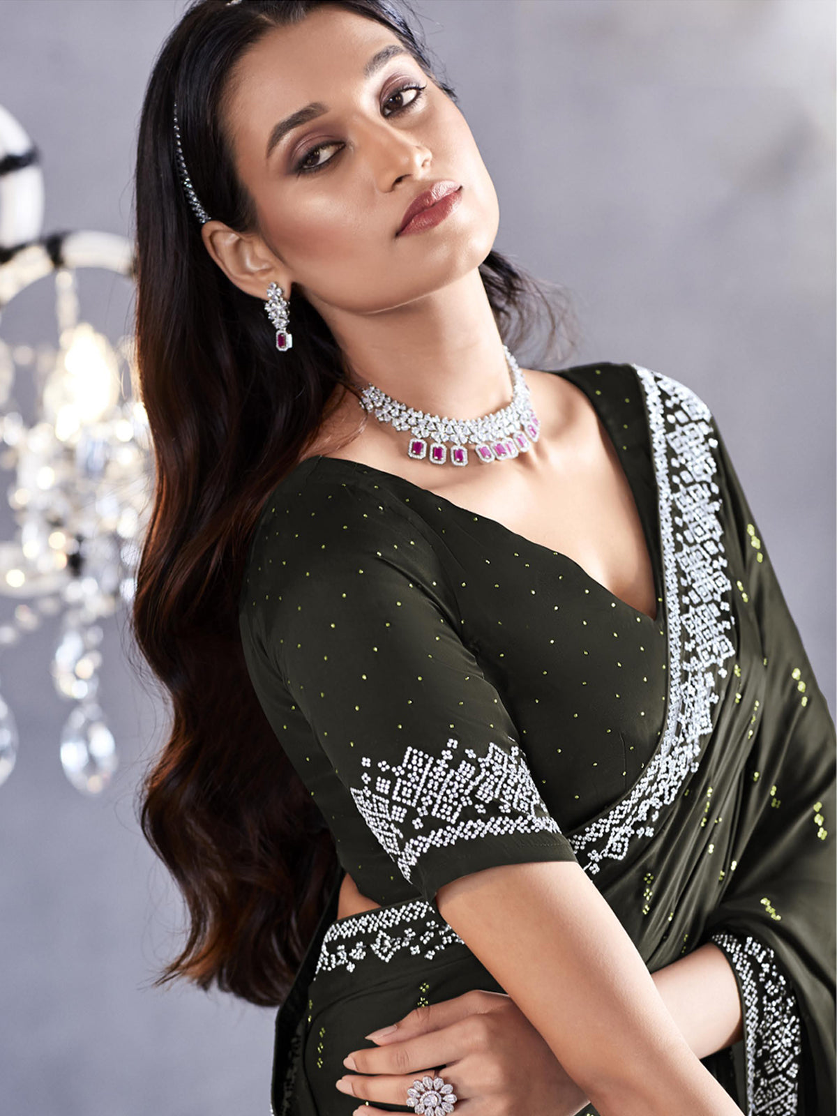 Buy MySilkLove Rangitoto Green Woven Embroidered Satin Silk Saree Online
