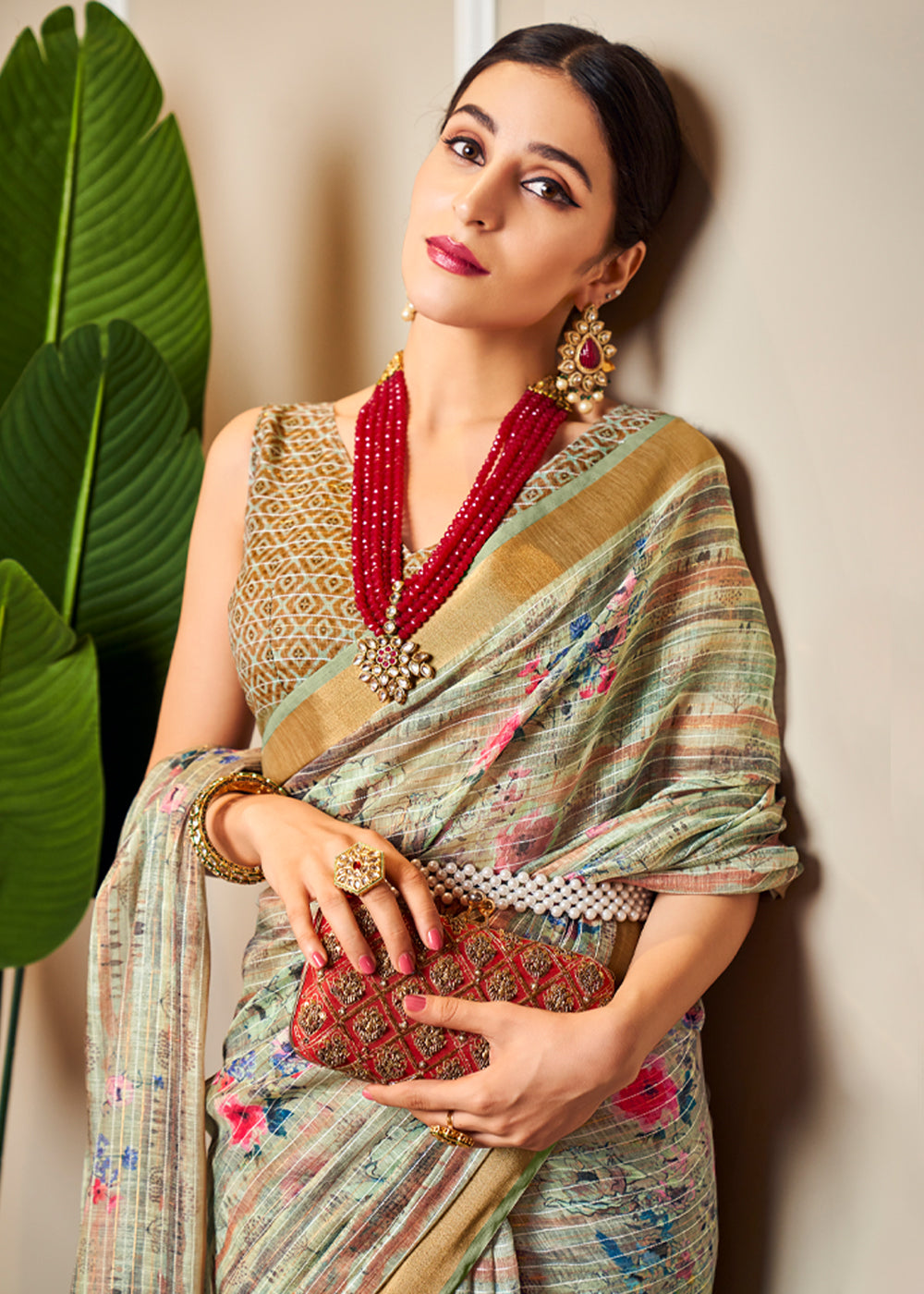 MySilkLove Tallow Green Linen Saree with Digital Print