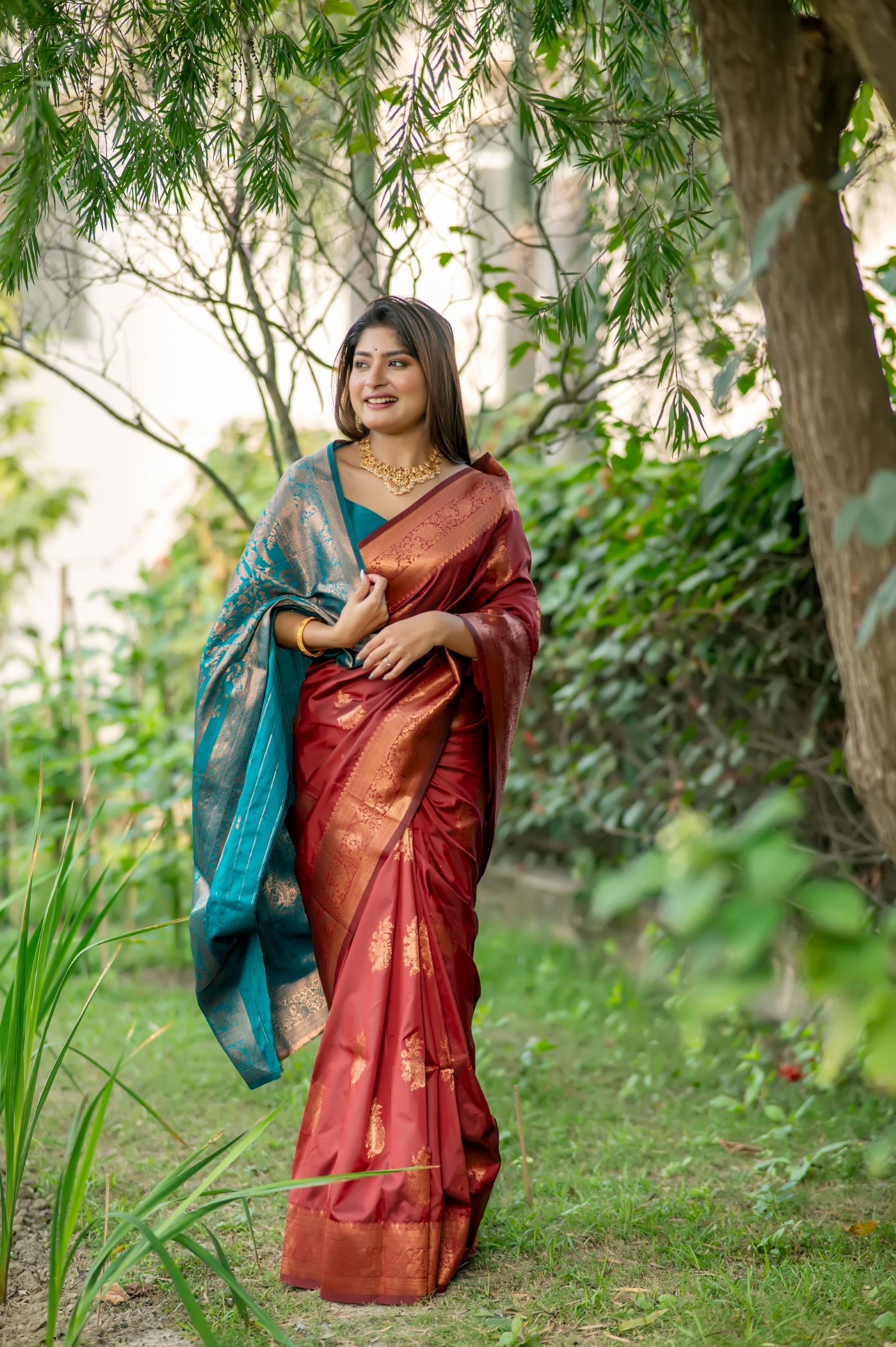 Buy MySilkLove Froly Brown and Blue Woven Banarasi Saree Online