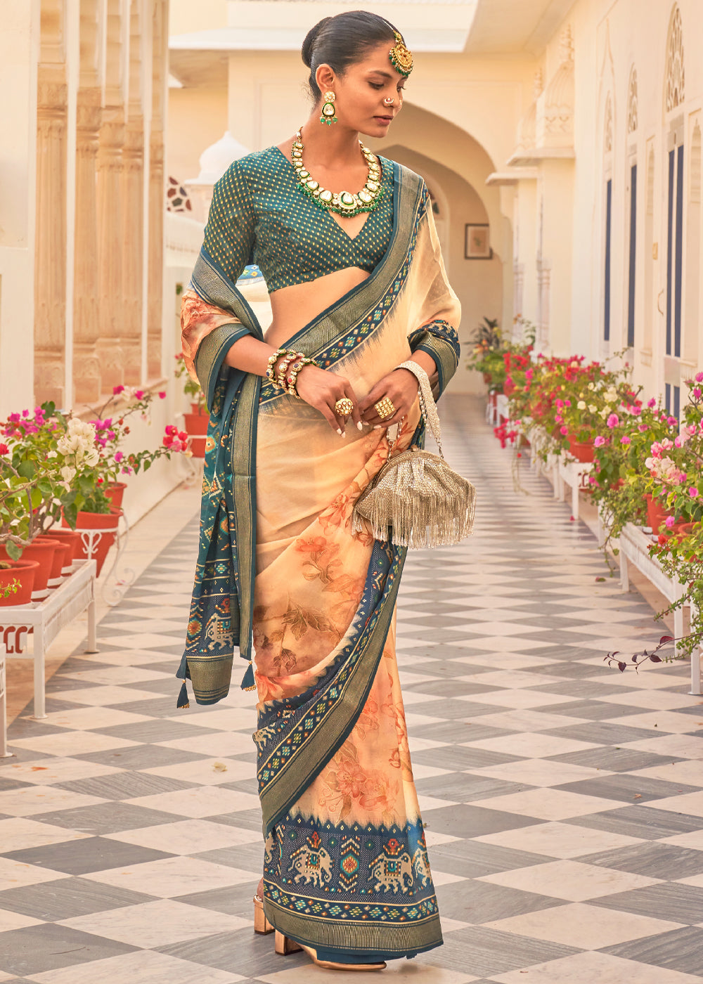 Buy MySilkLove Tumbleweed Peach Printed Chiffon Patola Silk Saree Online