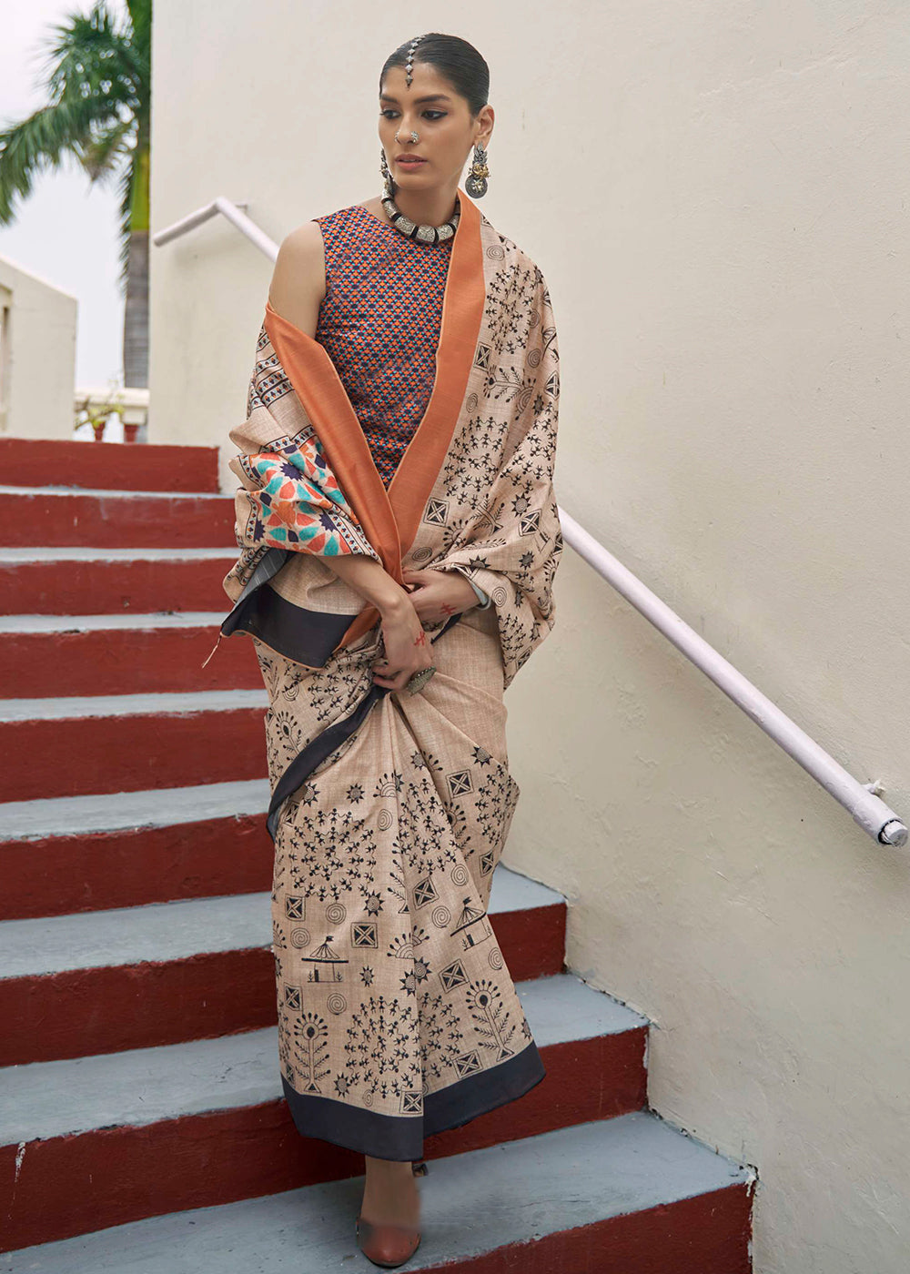 MySilkLove Sisal Cream and Orange Printed Designer Banarasi Saree
