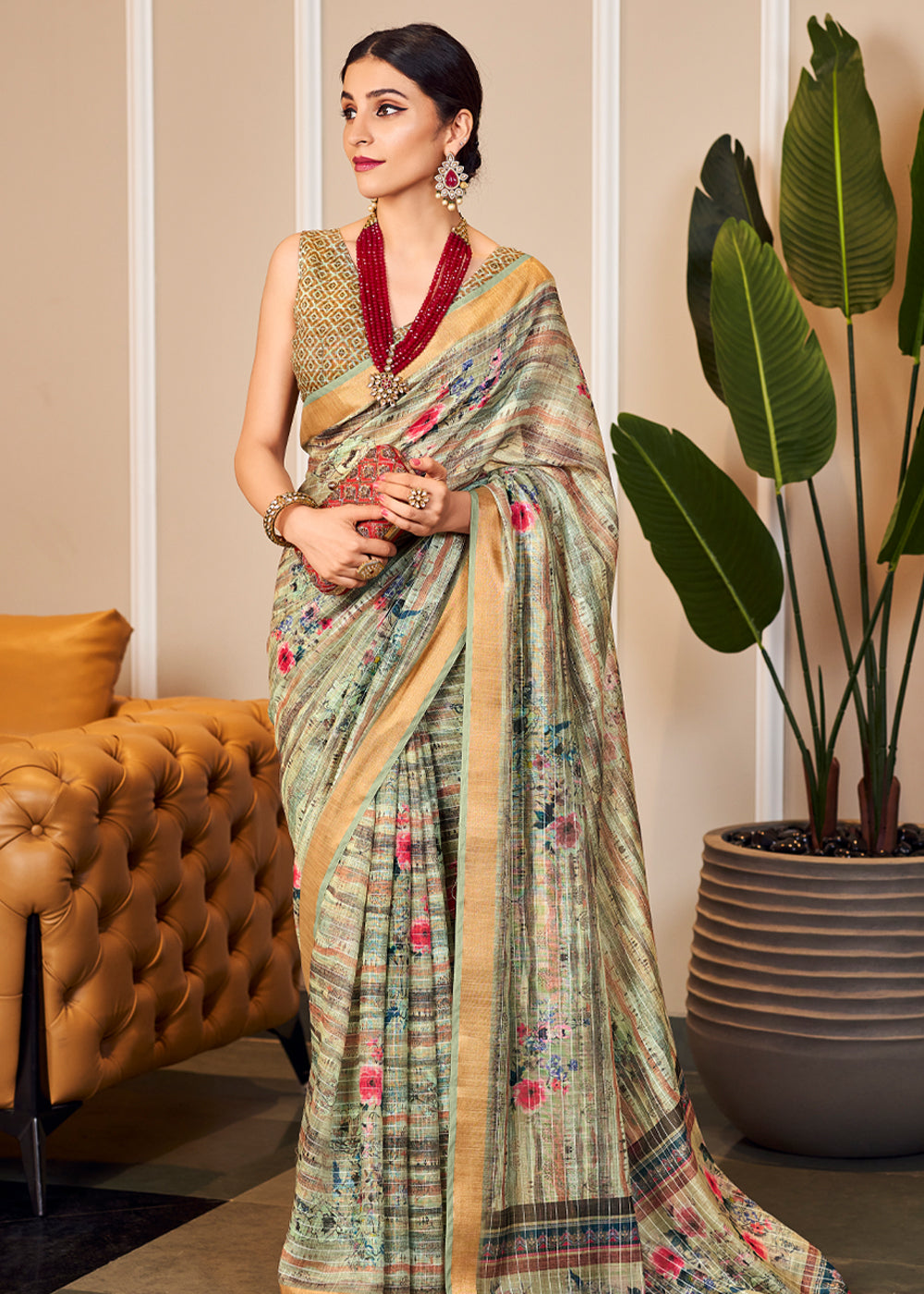 Buy MySilkLove Tallow Green Linen Saree with Digital Print Online