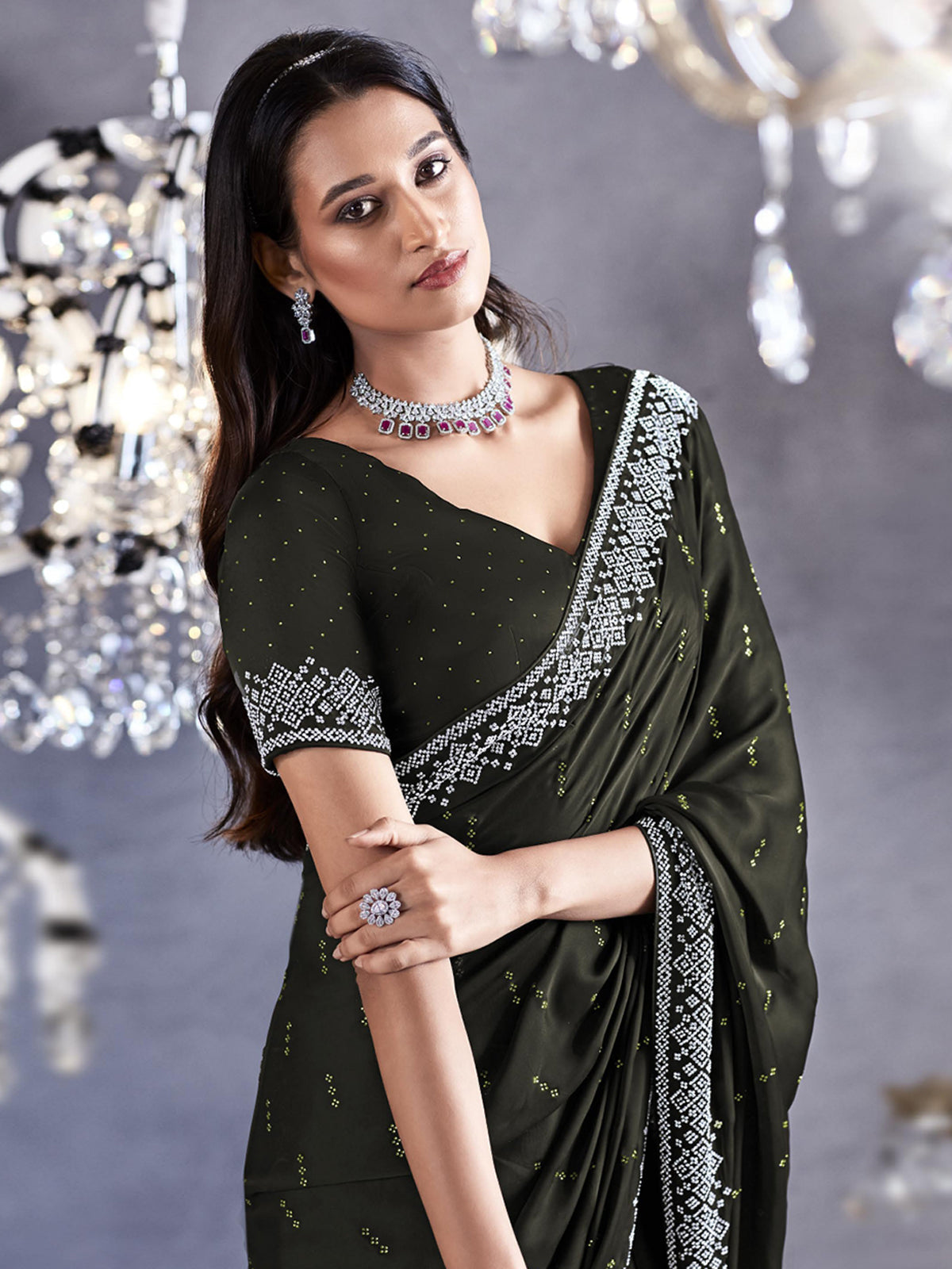 MySilkLove Rangitoto Green Woven Embroidered Satin Silk Saree