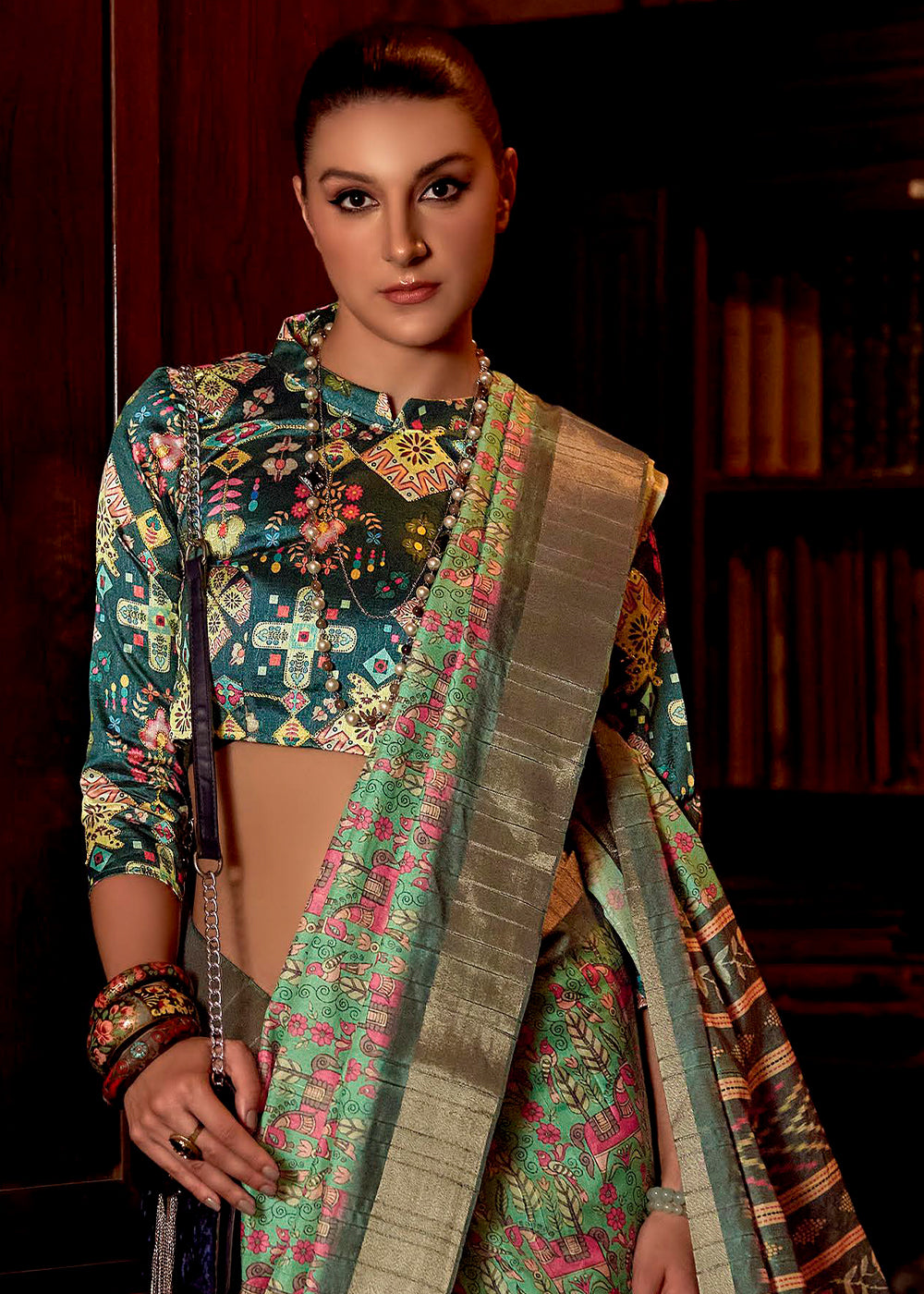 Buy MySilkLove Highland Green Printed Banarasi Saree Online