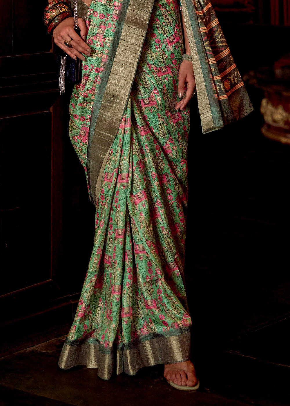 Buy MySilkLove Highland Green Printed Banarasi Saree Online