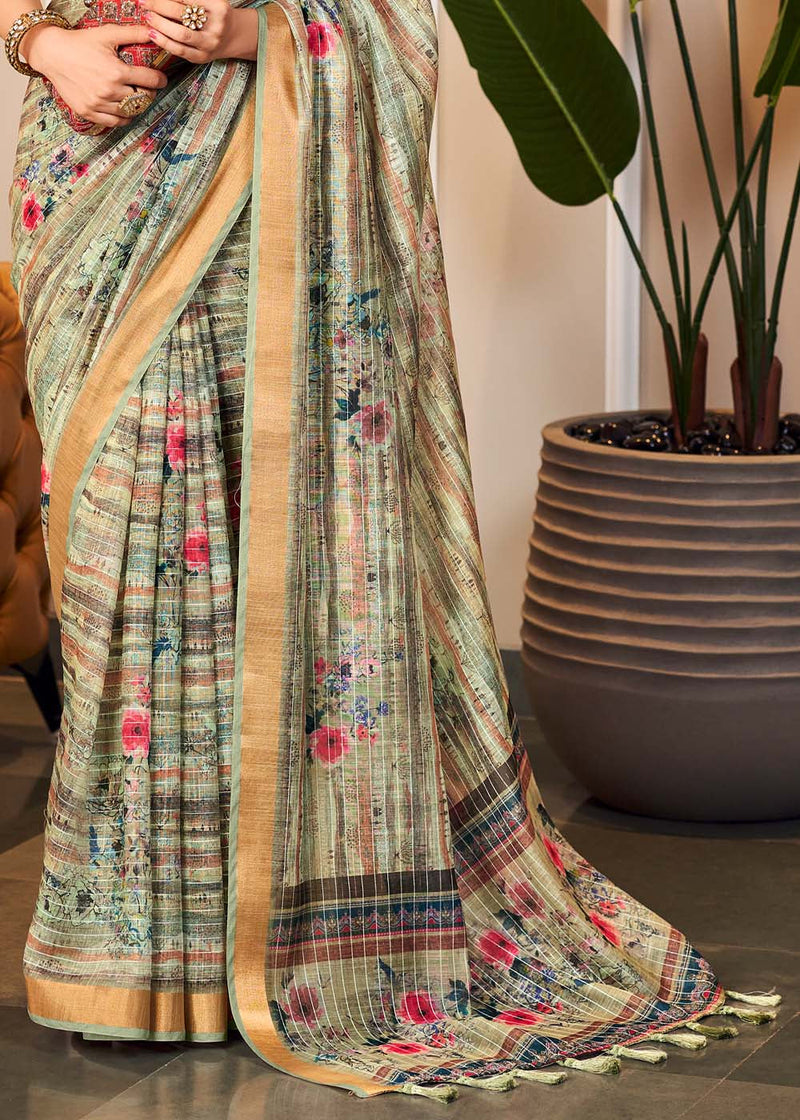 Tallow Green Linen Saree with Digital Print