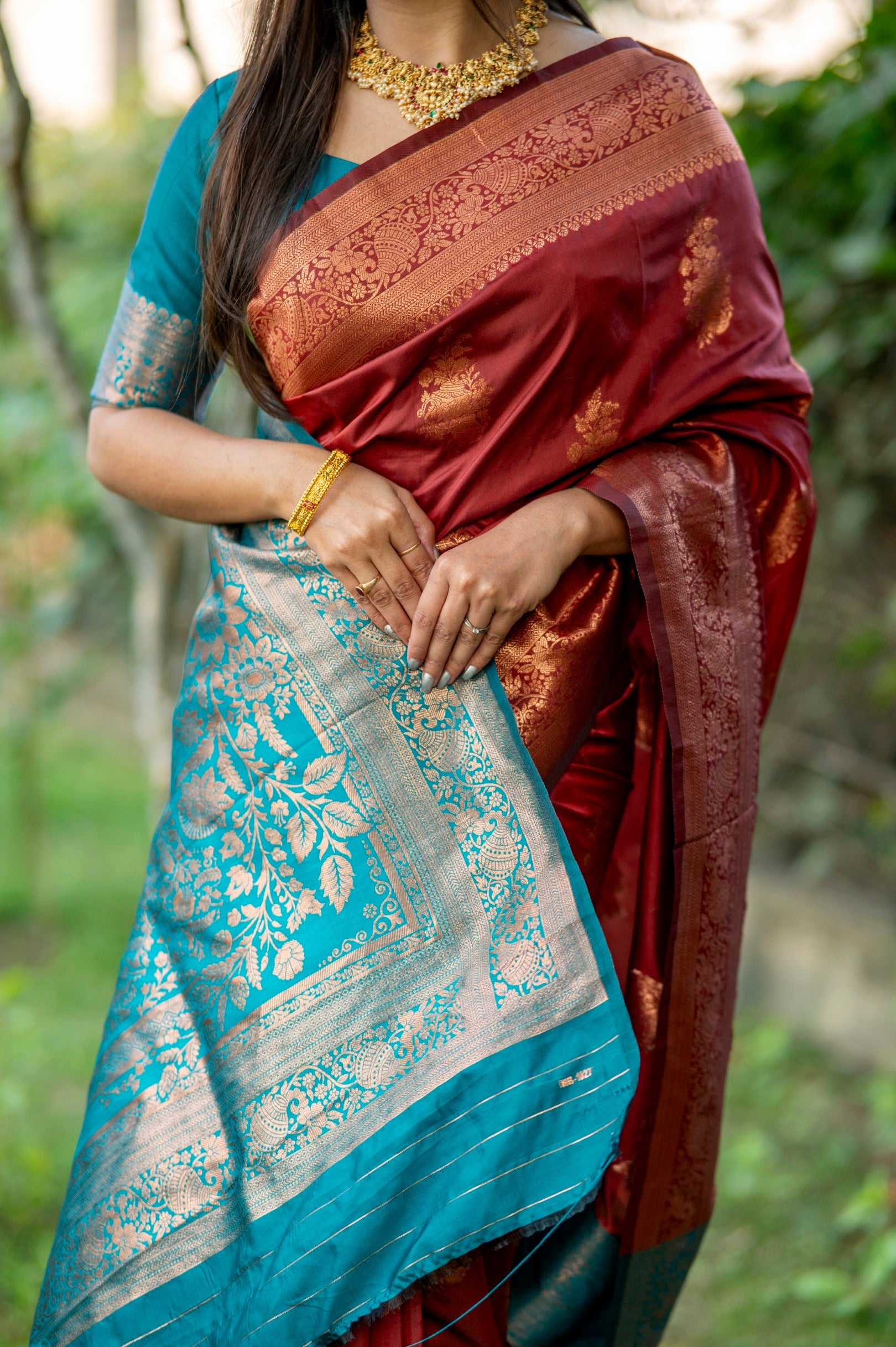 Buy MySilkLove Froly Brown and Blue Woven Banarasi Saree Online