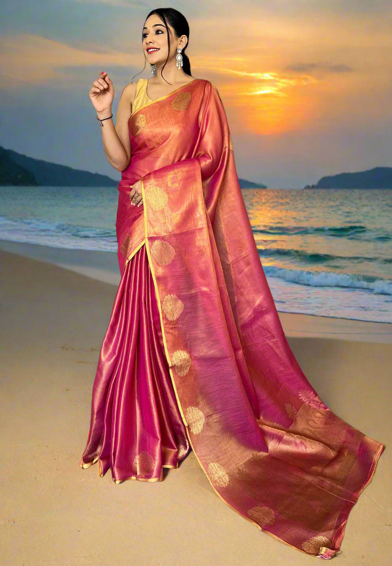 Jelly Bean Pink Zari Woven Banarasi Tissue Silk Saree