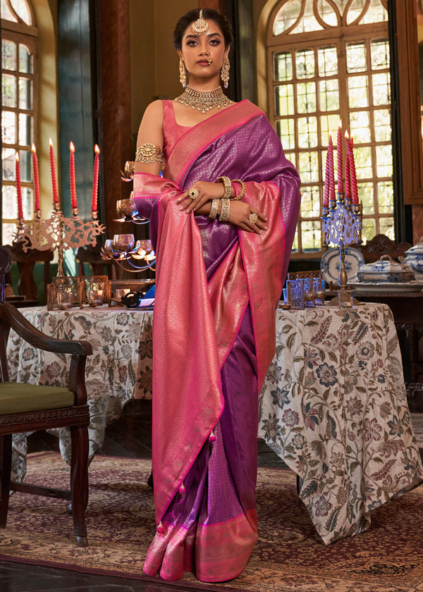 Wine Berry Purple and Pink Woven Kanjivaram Saree