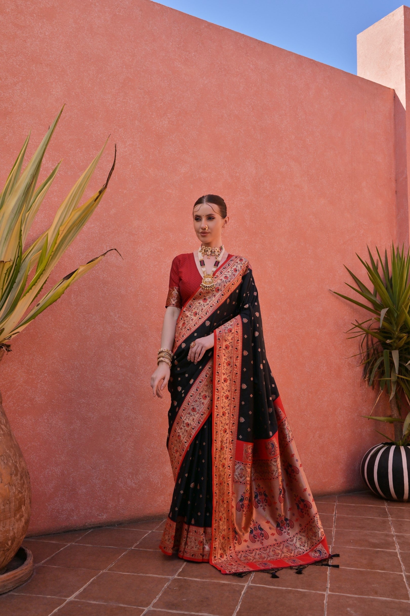 Buy MySilkLove Marshland Black and Red Zari Woven Paithani Saree Online