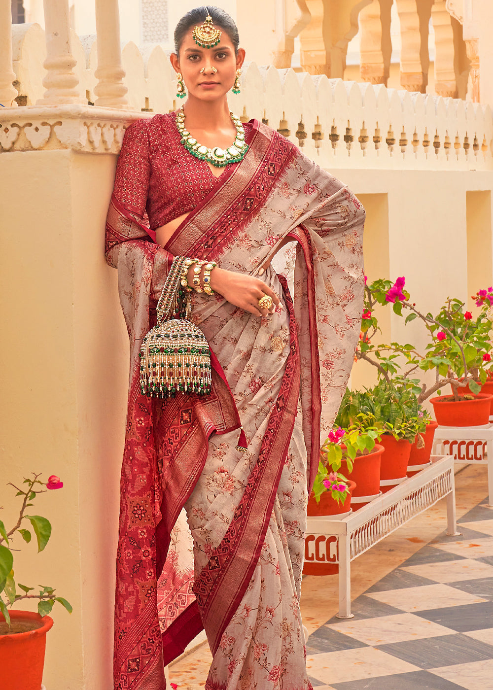 Buy MySilkLove Medium Carmine Maroon Printed Chiffon Patola Silk Saree Online