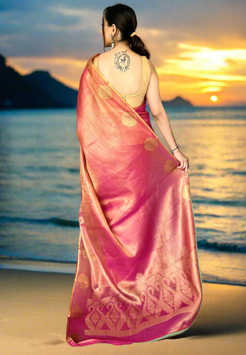 Buy MySilkLove Jelly Bean Pink Zari Woven Banarasi Tissue Silk Saree Online