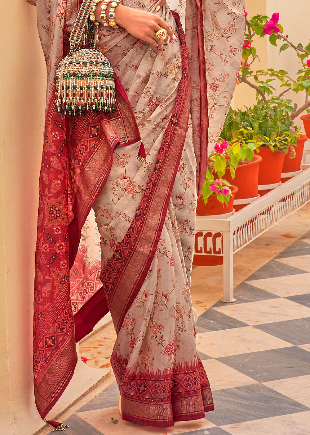 Buy MySilkLove Medium Carmine Maroon Printed Chiffon Patola Silk Saree Online