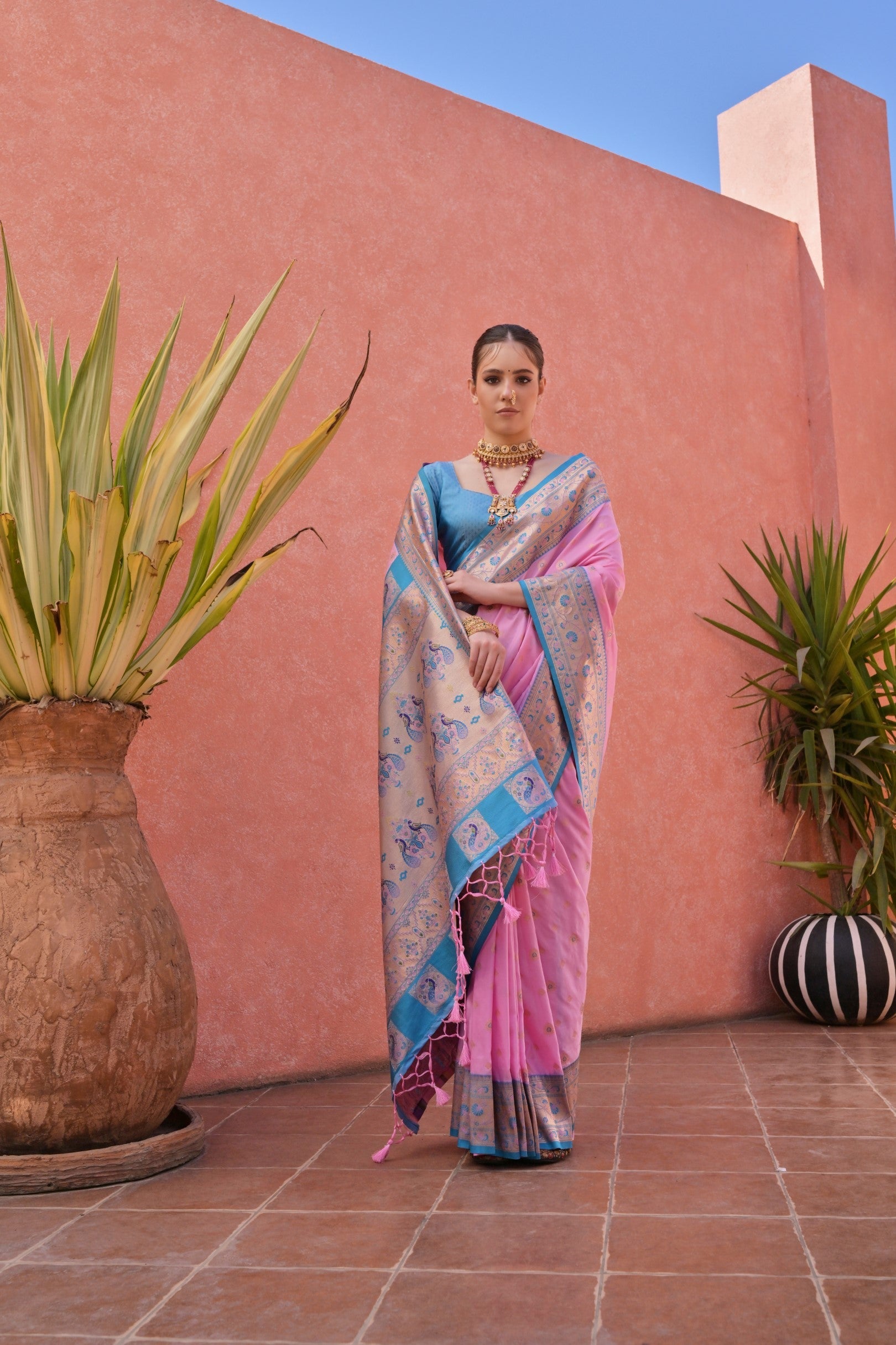 Buy MySilkLove Candy Pink and Blue Zari Woven Paithani Saree Online