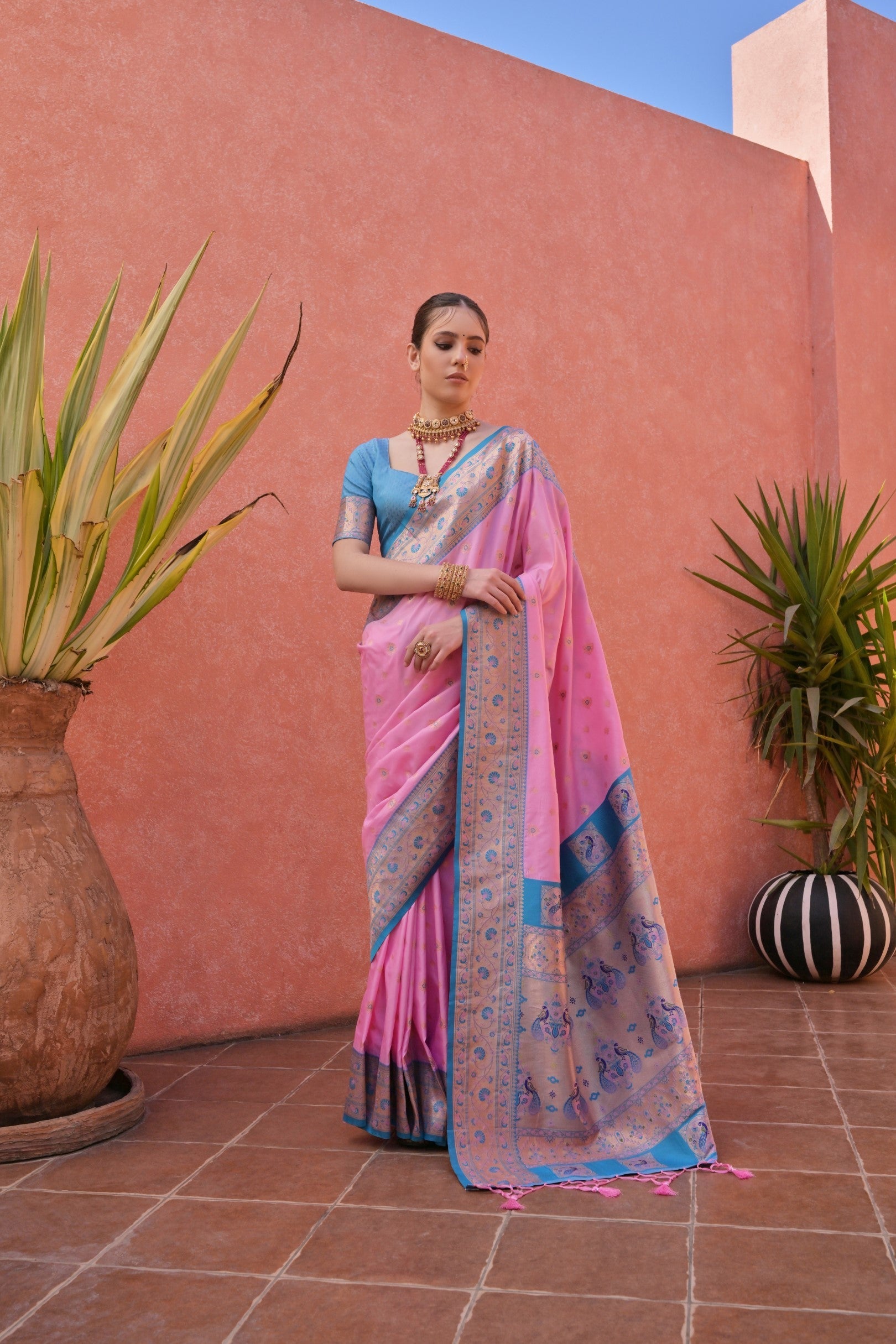 Buy MySilkLove Candy Pink and Blue Zari Woven Paithani Saree Online