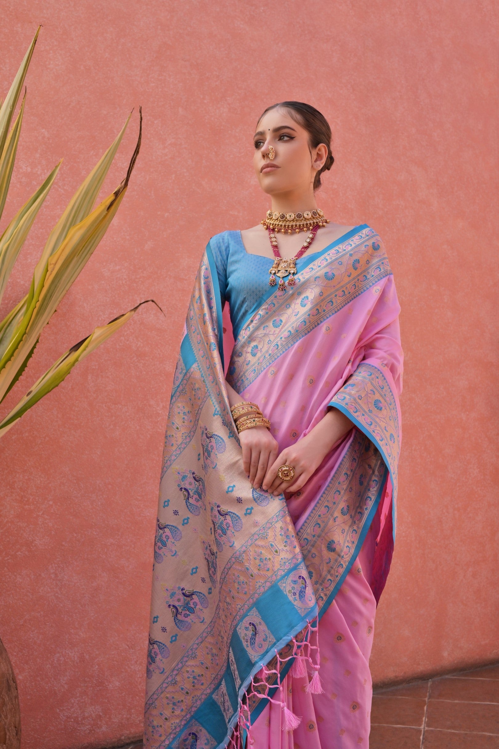 MySilkLove Candy Pink and Blue Zari Woven Paithani Saree