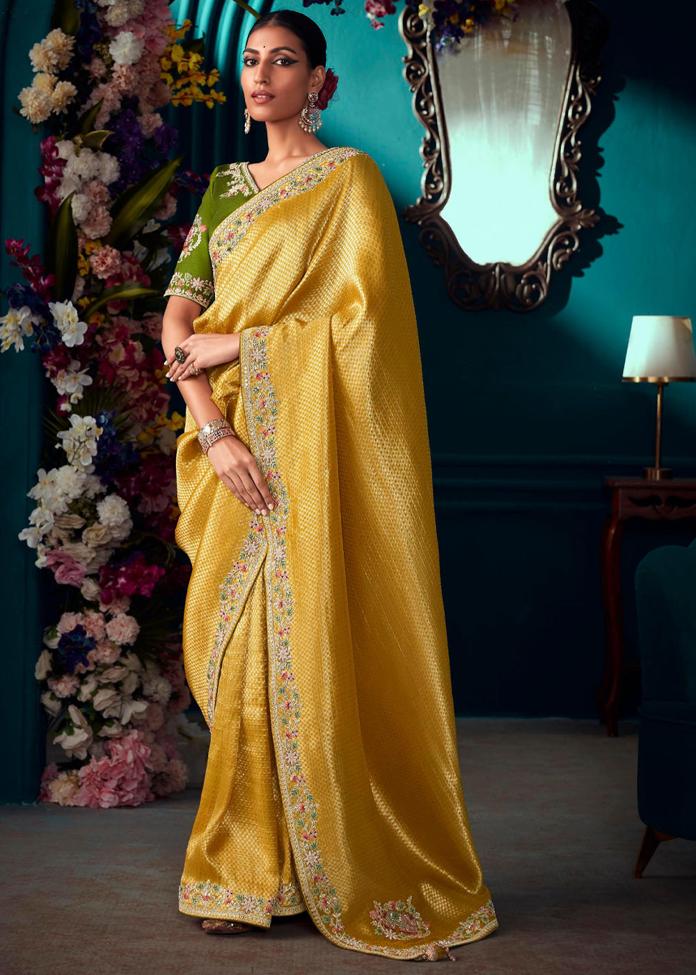 MySilkLove Wattle Yellow Woven Embroidered Banarasi Silk Saree