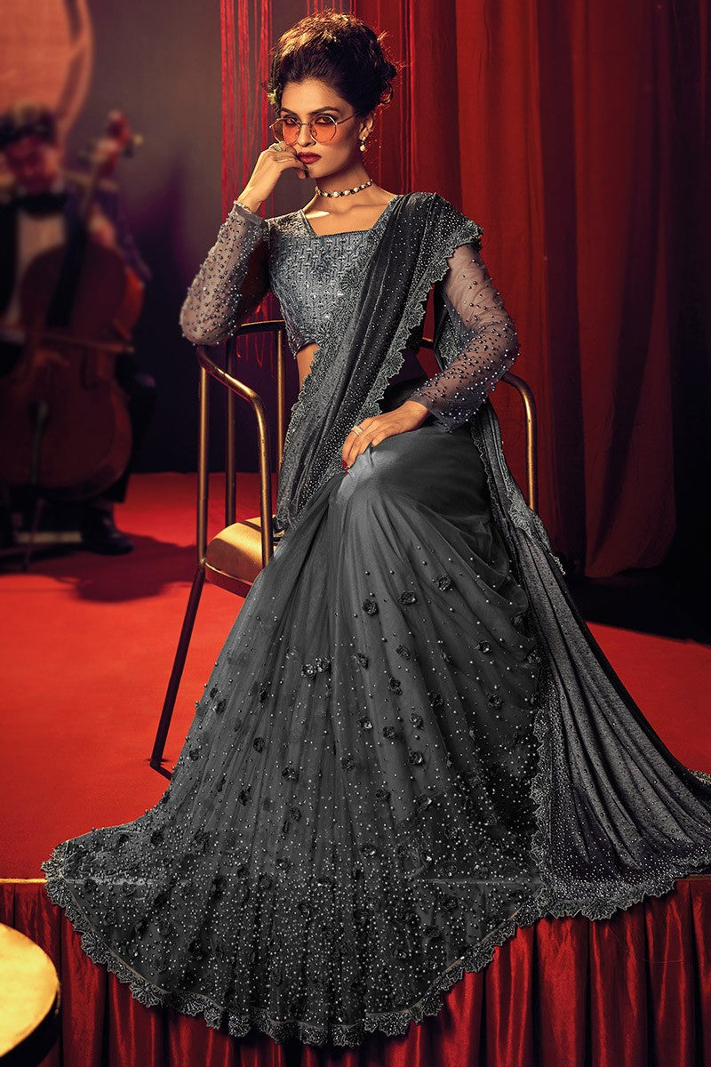 Buy MySilkLove Don Juan Grey Designer Partywear Saree Online