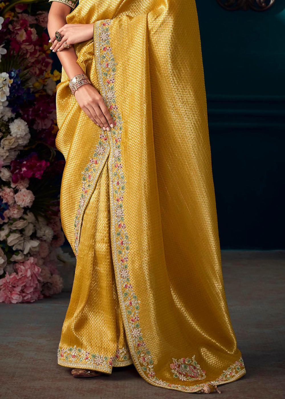 Buy MySilkLove Wattle Yellow Woven Embroidered Banarasi Silk Saree Online