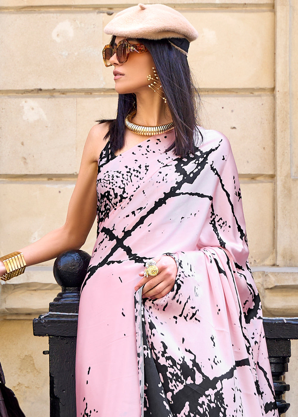 Buy MySilkLove Thistle Pink Printed Satin Crepe Sarees Online