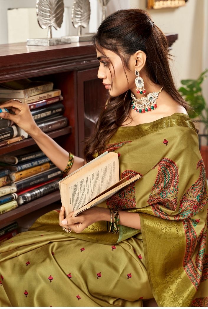 MySilkLove Russet Green Printed Satin Silk Saree