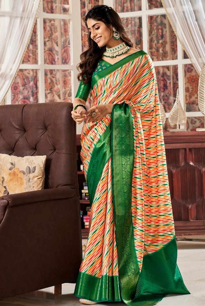 Buy MySilkLove Flame Pea Orange and Green Printed Satin Silk Saree Online