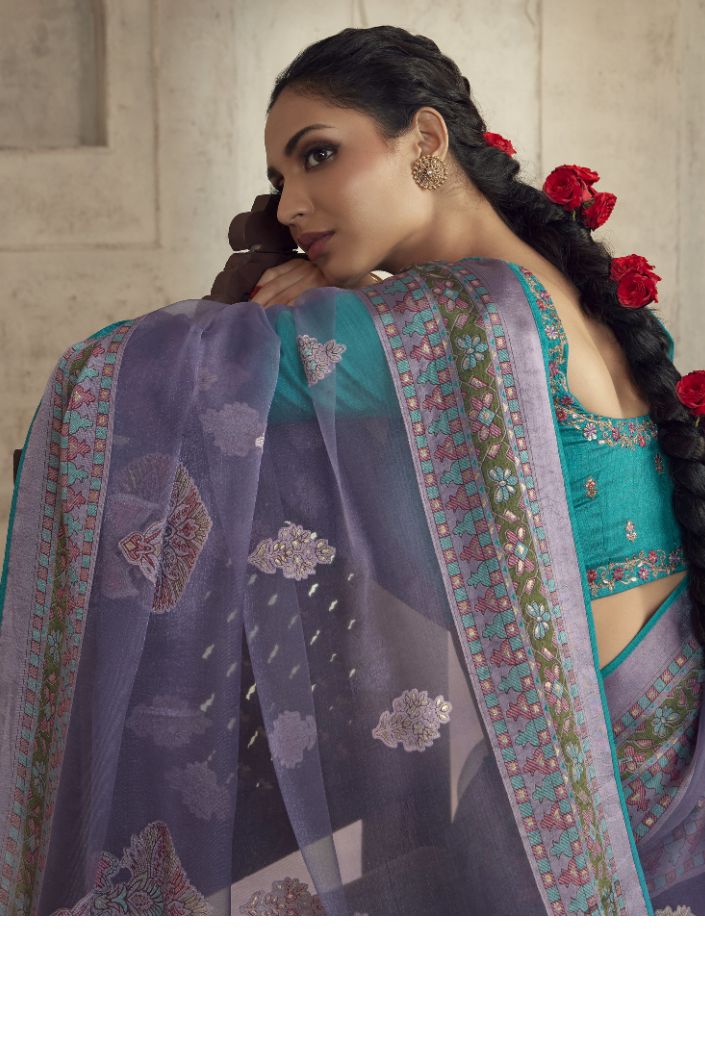 MySilkLove Mulled Wine Blue Woven Organza Saree