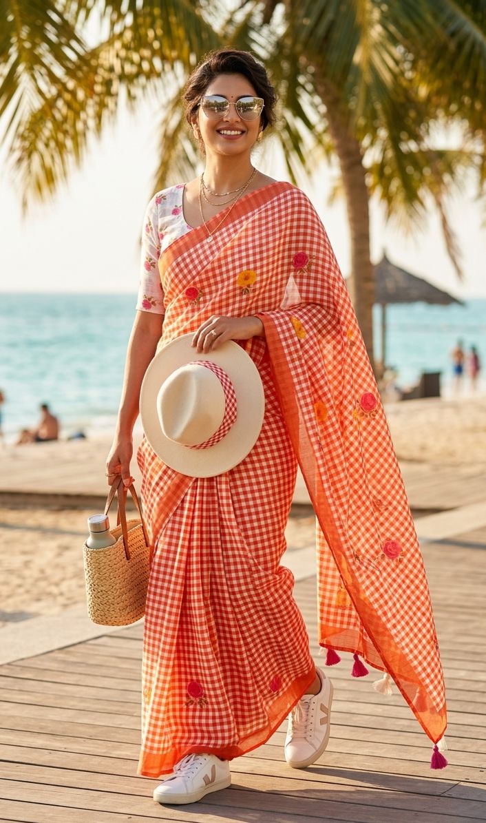 Buy MySilkLove Pumkin Orange Soft Linen Cotton Pinted Saree Online
