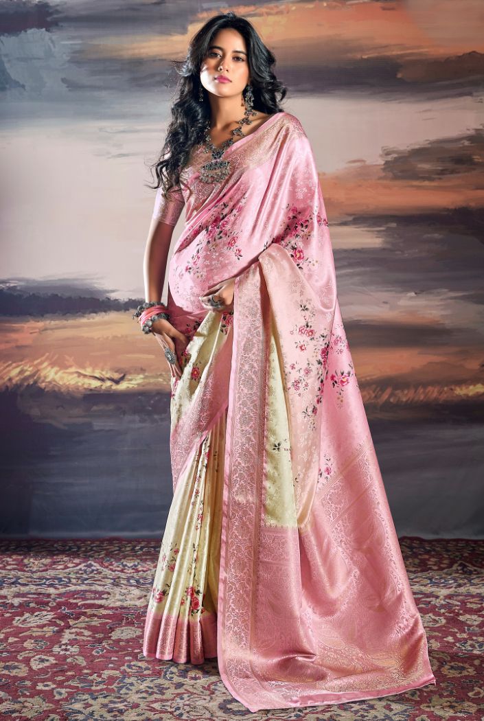 Buy MySilkLove Illusion Pink and Cream Floral Digital Printed Saree Online