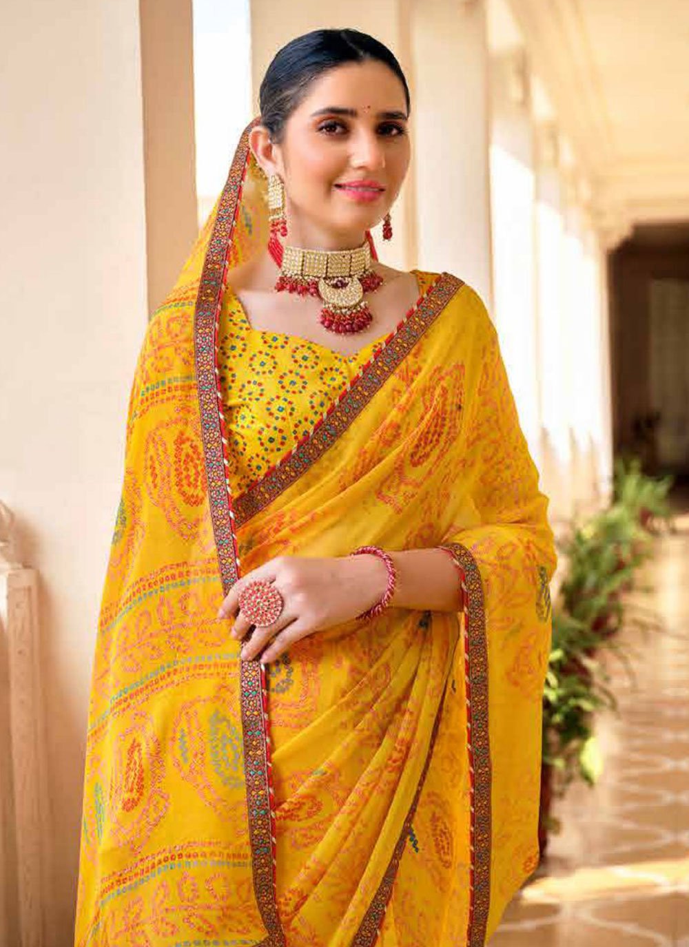 MySilkLove Sea Buckthorn Yellow Chiffon Bandhani Saree